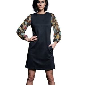 Tracy Nagoshian Black Whimsigoth Dress Sheer Abstract Avian Print Sleeve Boho XS